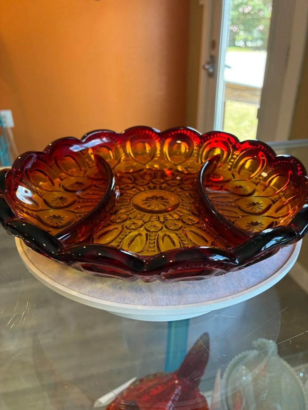 L.E. Smith Vintage Amberina Moon & Star Relish Tray UV Reactive Glass
